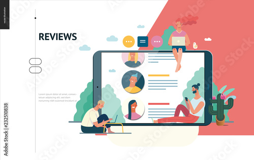 Business series, color 1 - reviews -modern flat vector illustration concept of people writing reviews and the review page on the tablet screen. Creative landing page or company product design template
