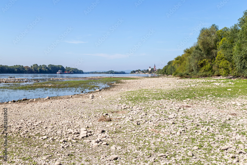 August 16 2018. Drought in Germany. Low water of the Rhine river near Eltvile. Hesse. Germany. August 16 2018. Drought in Germany. Low water of the Rhine river near Eltvile. Hesse. Germany.