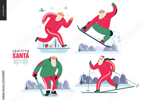 Sporting Santa - winter otdoor activities set - modern flat vector concept illustrations of cheerful Santa Claus running, snowboarding, skiing, playing hockey, wearing red tracksuit, winter landscape photo