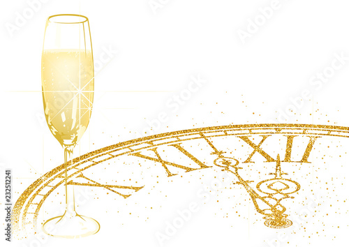 New Year Background with Champagne Glass and Golden Glittering Dial - Festive Detailed Illustration, Vector