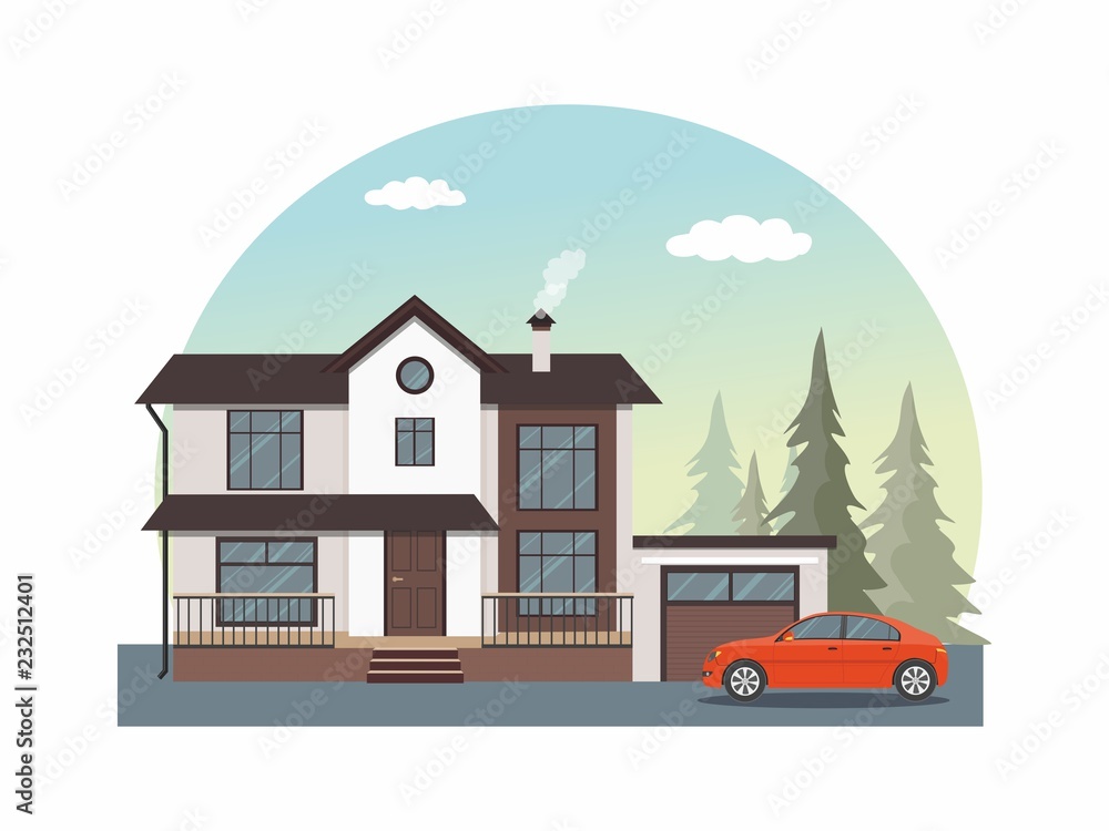 House facade icon. Modern cottage with red car isolated on white background. 