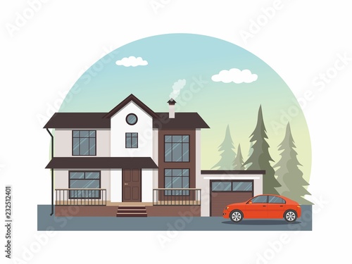 House facade icon. Modern cottage with red car isolated on white background. 