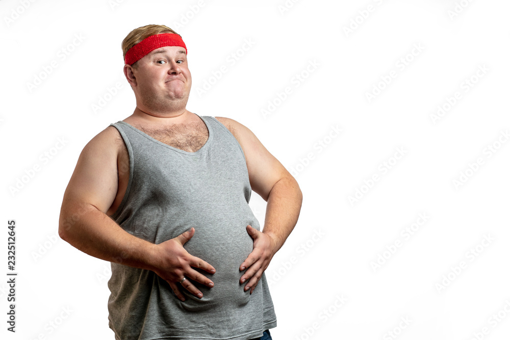 Ironic shot of happy fat man in red hairband exercising with dumbbells and  looking at camera isolated on white Stock Photo | Adobe Stock