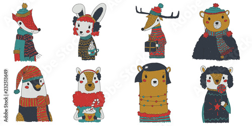 vector christmas animals collection illustration with eight animals wearing festive winter clothes. cute funny kiddie xmas set with a fox, bunny, reindeer, male bear, penguin, llama, female bear, dog.