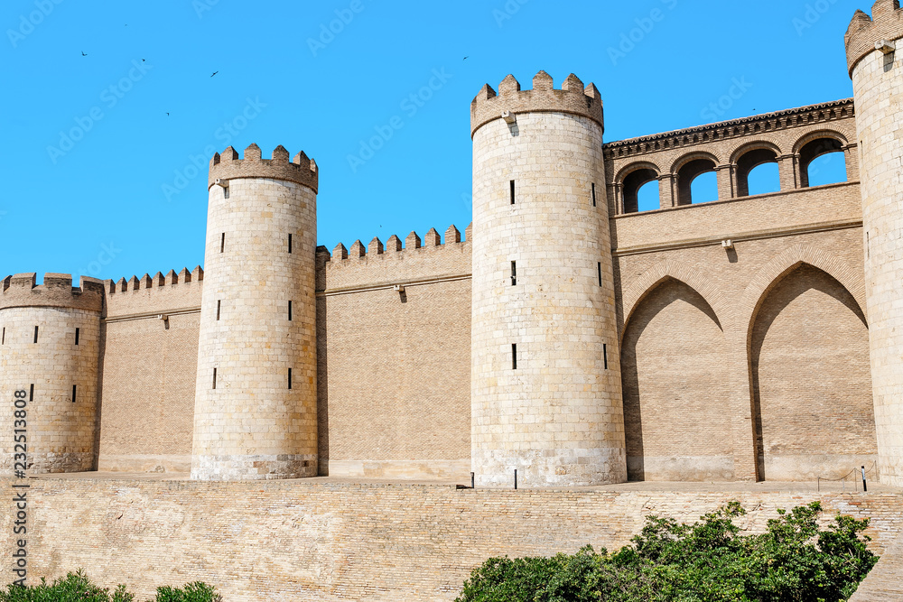 Aljaferia is one of the most famous places in Zaragoza. Moorish Islamic palace in mudejar architectural style