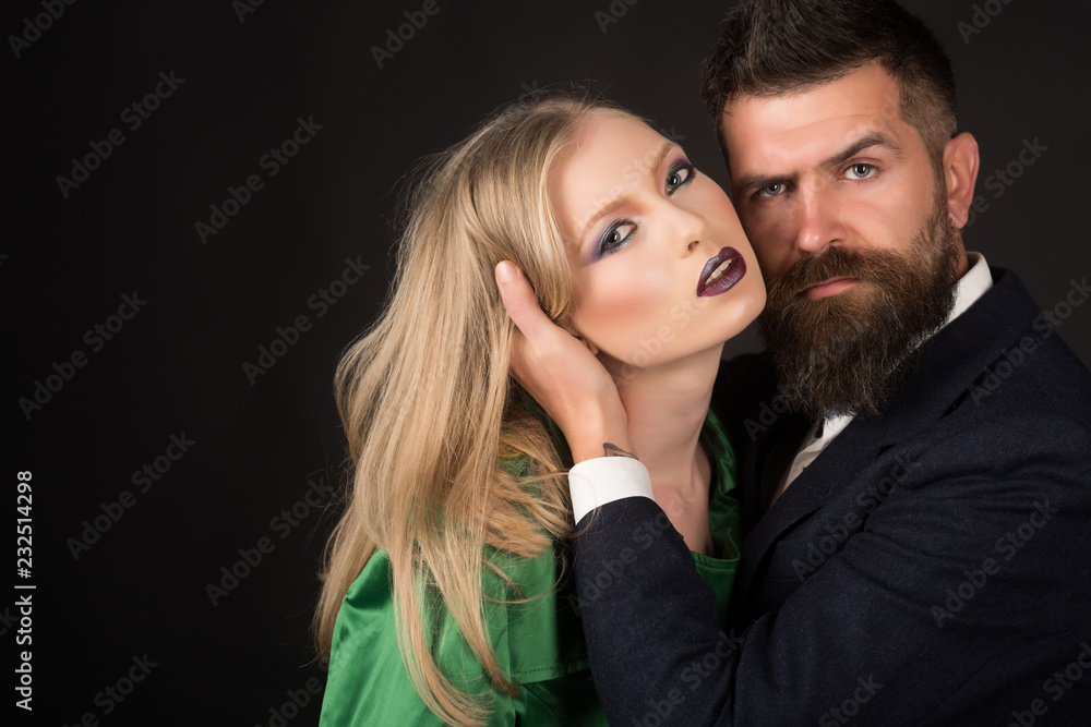 Increasing emotional intimacy. Bearded man hug woman with long hair. Intimate couple in fashion clothing. Fashion style and hair care. Style icons. They both love fashion. Couple in love