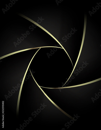 Camera lens close up with golden shutter blades. Wedding photography or videography concept. Gold on black