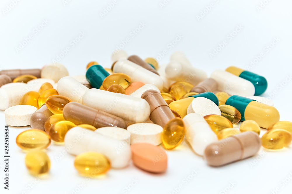 Piils background. Tablets. Medical background with pills and vitamins.