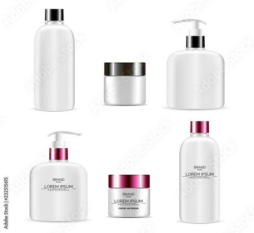 Set of cosmetic cream jar, shampoo, liquid gel or soap bottles. Vector packaging illustration and unique design.