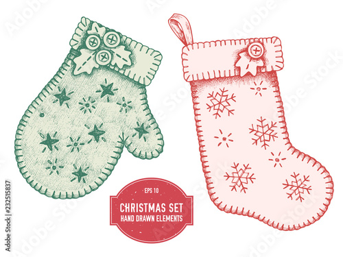 Vector collection of hand drawn mitten and stocking