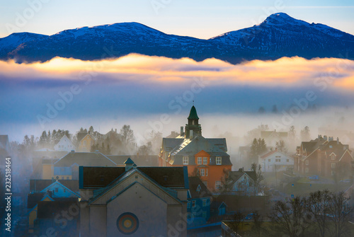 .Fog over the city of Tromso