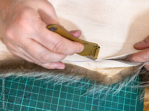 furrier cuts the edge of fur pelt by knife photo