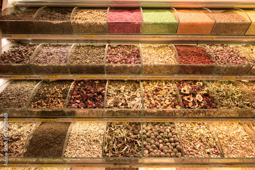 Canvas Print Stall with different spices and teas at Istanbul spicy market