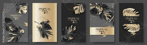 Tropic alocasia leaf black and gold banner set