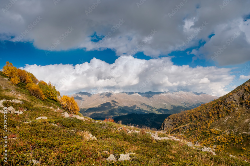 Autumn landscape of the Arkhyz valley in the upper part. Autumn landscape of the Arkhyz valley in the upper part.