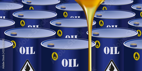 des barils de pétrole entreposés avec au premier plan de huile de carburant qui coule.