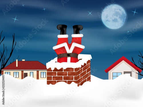Santa Claus stuck in the chimney upside down. Winter snowy landscape. Christmas background. Vector illustration.