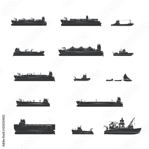 Vector large cargo ships and boats of various types.