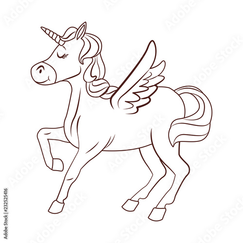 Unicorn with wings cartoon in black and white