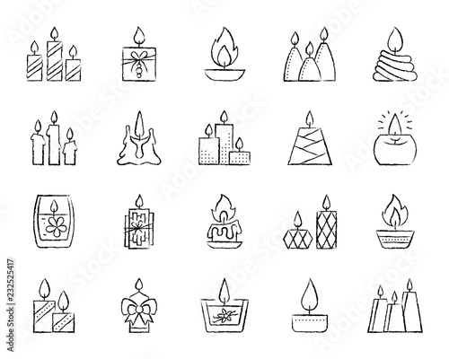 Candle Flame charcoal draw line icons vector set