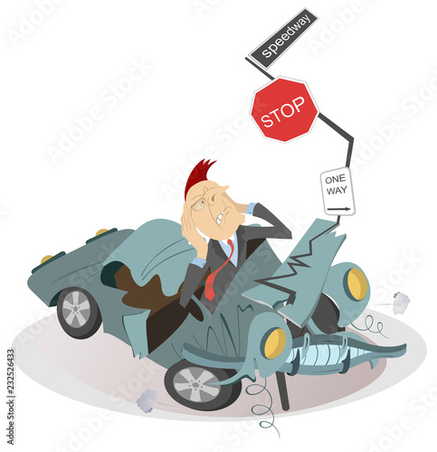 Road accident and man in the crashed car illustration. Upset man looking into road signs from the broken car isolated illustration 
