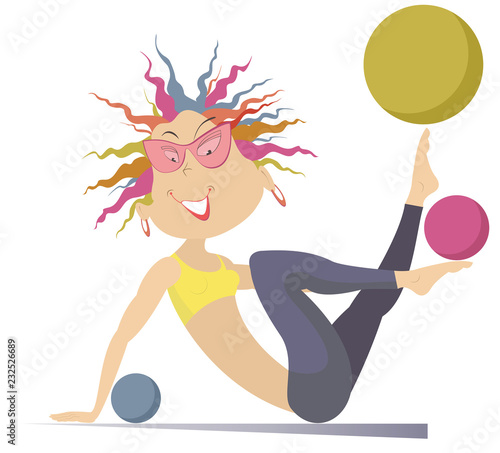Cartoon young woman with lithe figure do exercises with the balls isolated on white illustration