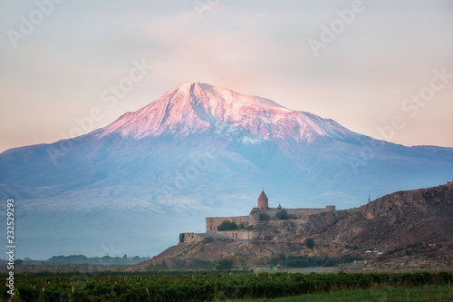 Ancient Armenian church Khor Virap with Ararat in sunrise