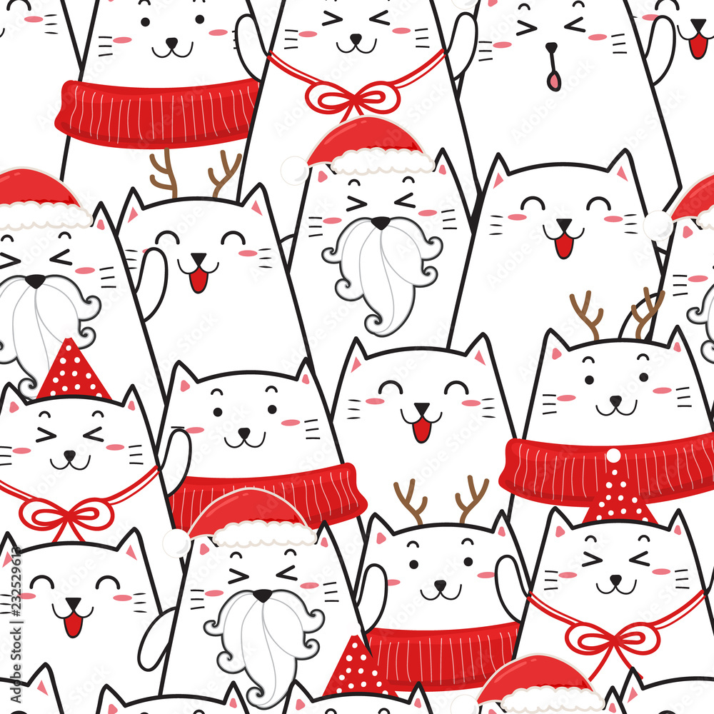 Cute cat seamless pattern for Christmas.cartoon hand drawn