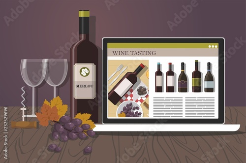Bottle of red wine, notebook,  grape and two glasses. Red wine tasting. 