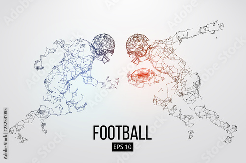 Silhouette of a american football player particles, lines and triangles on background. Rugby. Vector illustration