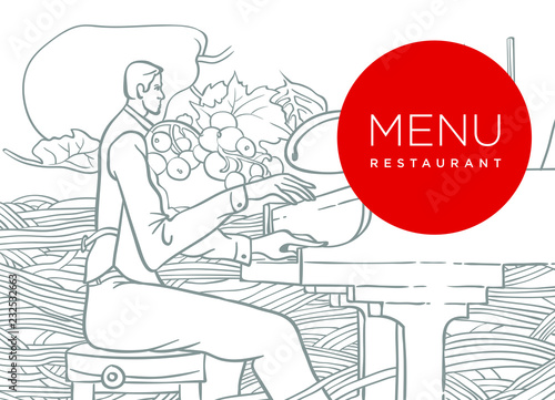 wine menu. pianist vector. wine fruit crop. pasta