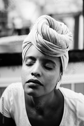 Black and white portrait of woman with turban photo