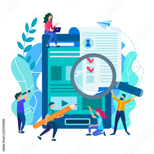 People fill out an online application form, a job application form, online resume filling, online testing, visa and online concept tax return filling. Vector illustration.