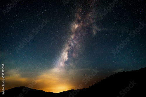 Beautiful landscape mountains and lake in the night with Milky Way background, Chiang mai , Thailand