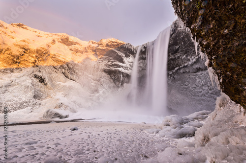 Beautiful Skogafoss waterfall in winter. Iceland.