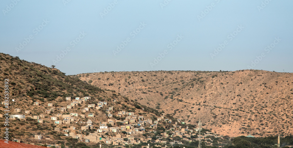 Panorama of Dire Dawa, Ethiopia and desert. - obrazy, fototapety, plakaty 