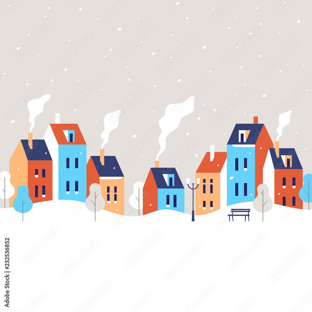 Winter cityscape. Snowy street in small town. Vector illustration.