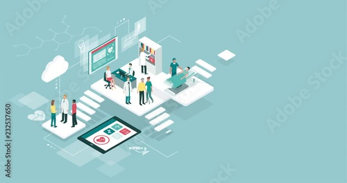 Isometric virtual hospital with doctors and patients
