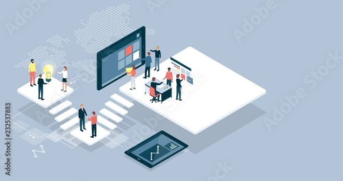 Isometric virtual office with people working together