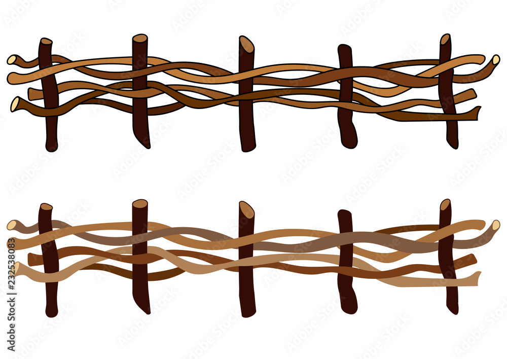 Obraz premium A set of two wooden fences with and without stroke. Wicker fences made of crooked twigs. Vector illustration isolated on white background in EPS 10.