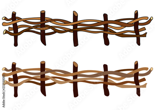 A set of two wooden fences with and without stroke. Wicker fences made of crooked twigs. Vector illustration isolated on white background in EPS 10.