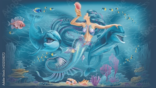 Fotografiet mermaid and dolphins illustration