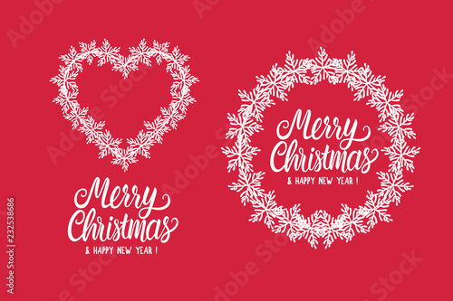 Inscription lettering Merry Christmas and Happy New Year. Winter round frame and heart of white snowflakes. Vector illustration isolated on red background.