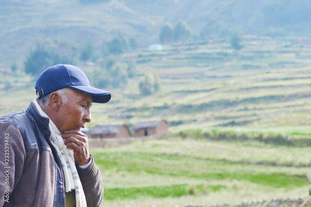 Worried old native american man in the countryside. Worried old native american man in the countryside.