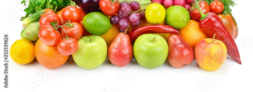 Fruits and vegetables isolated on a white background. Wide photo .