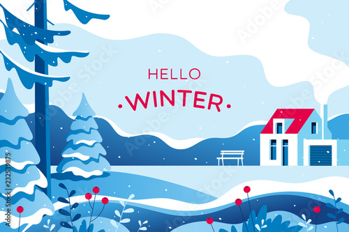 Winter landscape with house. Vector illustration.