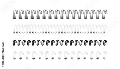 Vector set of realistic images (layout, mockup) of silver, black and white spirals for notebook, calendar, drawing album: a perspective view. The image was created using gradient mesh. EPS 10.
