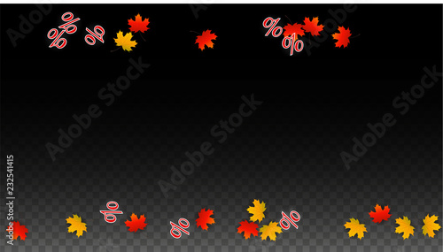 Vector Percentage Sign and Autumn Leaves Confetti on Transparent Background. Percent Sale Background. Business, Economics, Finance Print. Discount Illustration. Promotion poster. Black Friday Banner. 