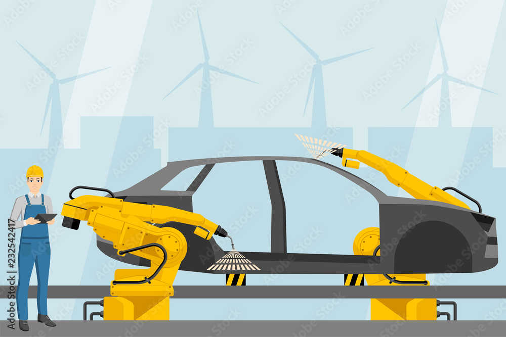 Engineer with a digital tablet controls the welding robots on the car assembly line. Smart factory. Vector illustration Engineer with a digital tablet controls the welding robots on the car assembly line. Smart factory. Vector illustration