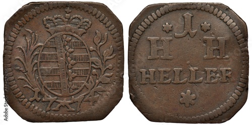 Germany German Saxe-Hildburghausen coin 1 one heller 1774, crowned oval shield with stripes and ribbon flanked by sprigs, date below, value within circle, square shape,